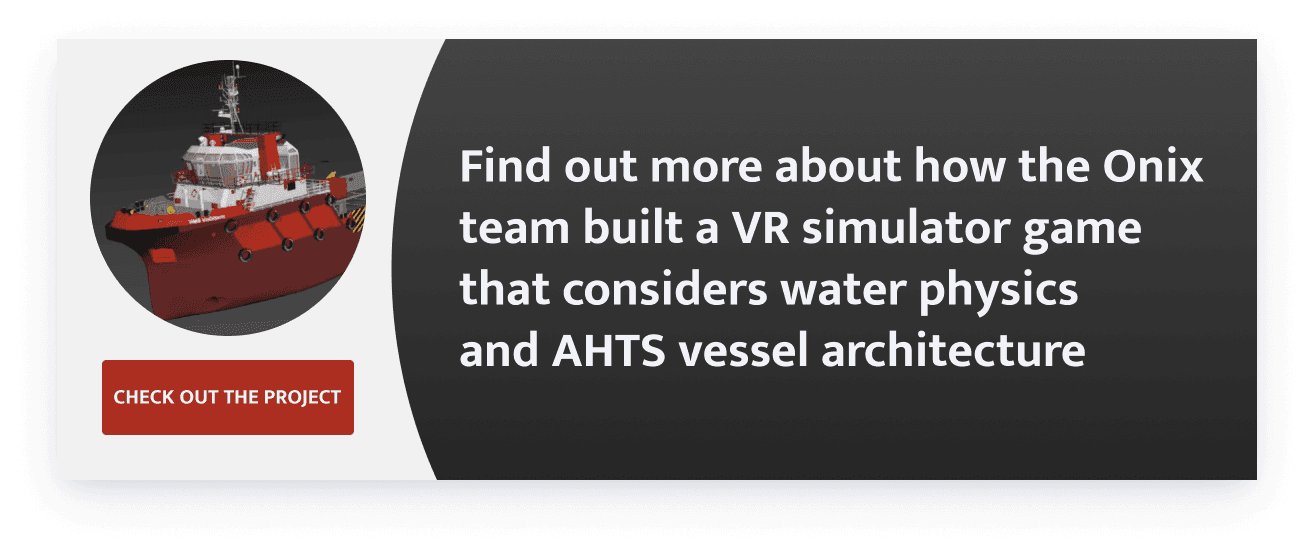 VR simulator game that considers water physics and AHTS vessel architecture